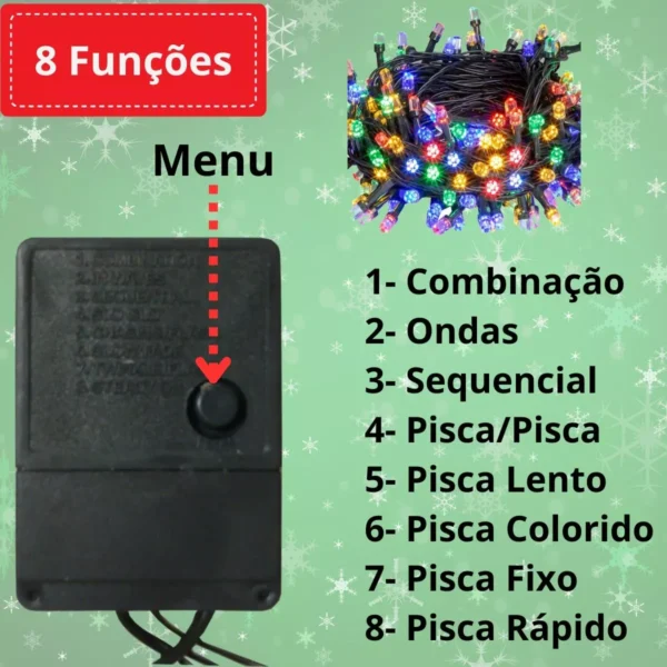 Pisca Pisca LED Natal 100 Leds 9m 8 Funções Branco e Colorido