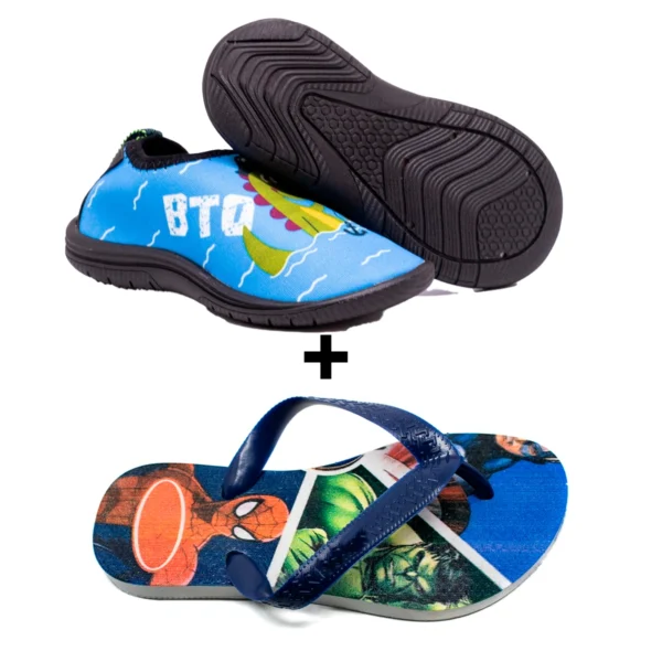 Kit Menino Sapatilha Infantil Aquática Hibrida + Chinelo Infantil Heróis