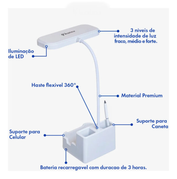 Mini Luminária LED Flexível com Suporte e Porta Caneta