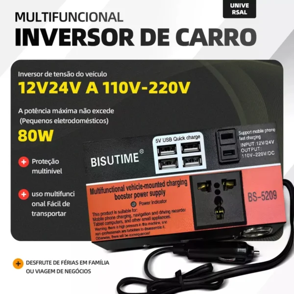 Inversor de Potência Carro 12V/24V 110V/220V 200W USB