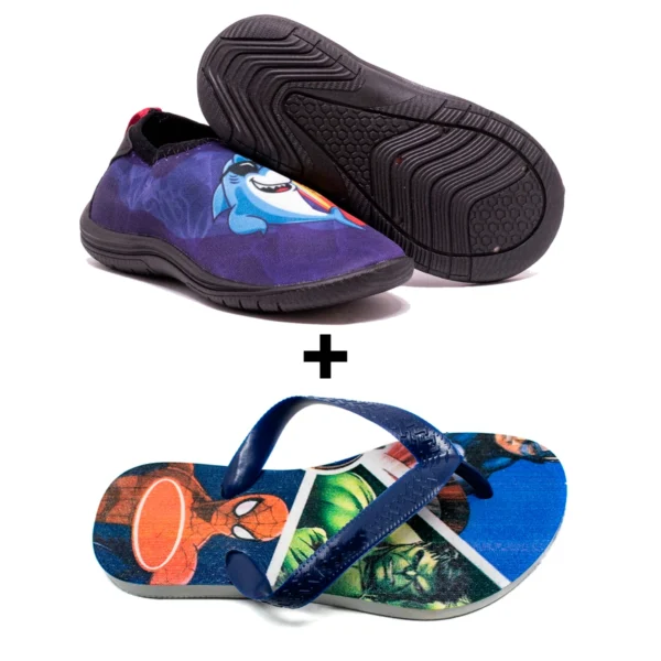 Kit Menino Sapatilha Infantil Aquática Hibrida + Chinelo Infantil Heróis
