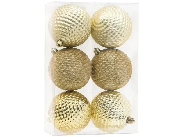 Bolas de Natal Cromus Ouro Texturizadas 8cm – 6 Unidades