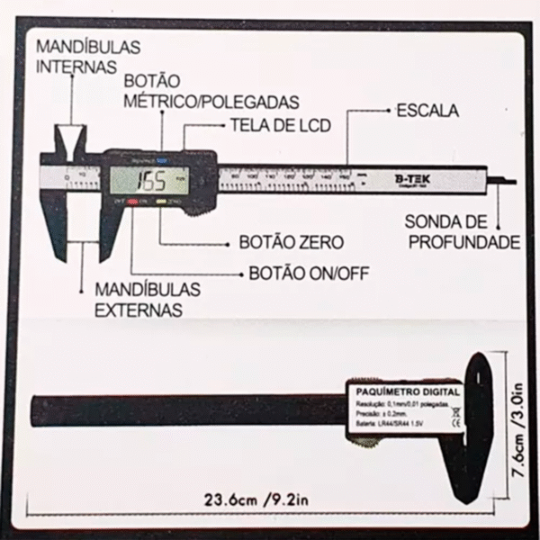 Paquímetro Digital 150mm Fibra de Carbono Estojo Incluso