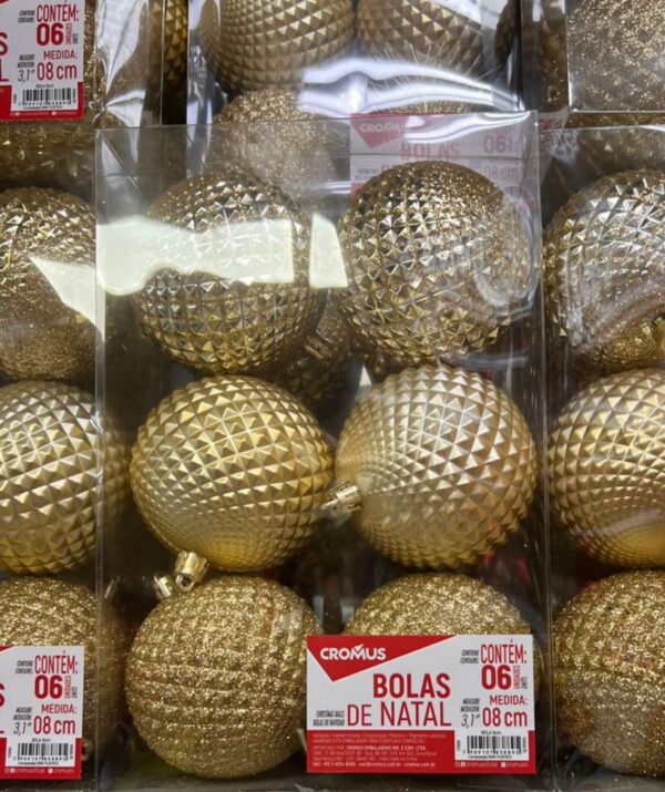 Bolas de Natal Cromus Ouro Texturizadas 8cm – 6 Unidades
