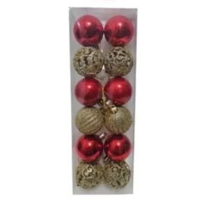 12 Bolas Natal Arabesco Glitter Vermelha e Dourada 5cm